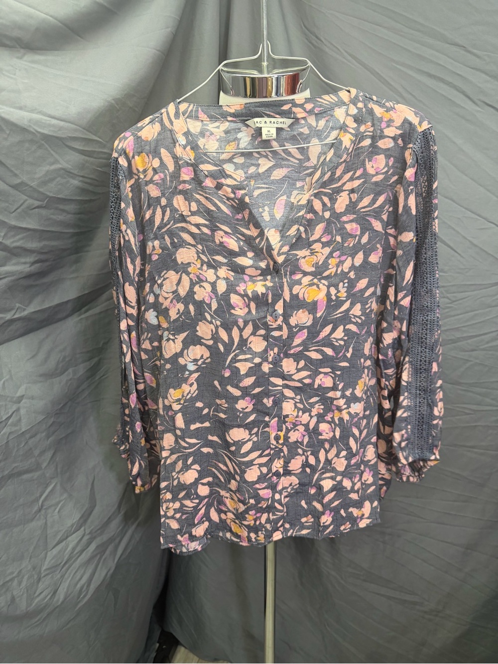 Zac & Rachel Floral V-Neck Button-Front Blouse in Slate Blue, Pink and Cream